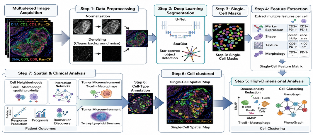 Computational pathology workflow showing multiplex image acquisition, preprocessing, U-Net or StarDist segmentation, single-cell masks, feature extraction, UMAP or PhenoGraph analysis, cell clustering, and spatial clinical analysis.