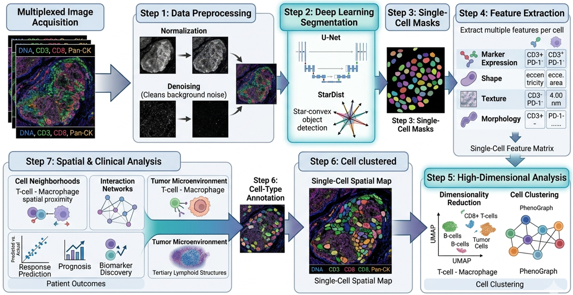 AI-driven pixel-to-phenotype workflow from multiplex image acquisition and preprocessing through U-Net or StarDist segmentation, single-cell masks, feature extraction, clustering, annotation and spatial clinical analysis.